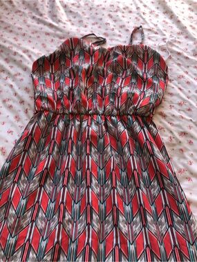 Sleeveless Red Geometric Maxi Dress with Elastic Waist